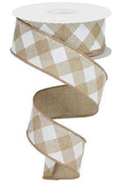 1.5" Diagonal Check On Royal Ribbon: Tan & White (10 Yards) - Michelle's aDOORable Creations - Wired Edge Ribbon