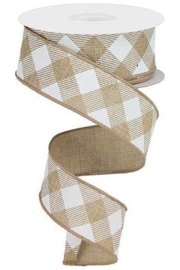 Shop For 1.5" Diagonal Check On Royal Ribbon: Tan & White (10 Yards) at Michelle's aDOORable Creations