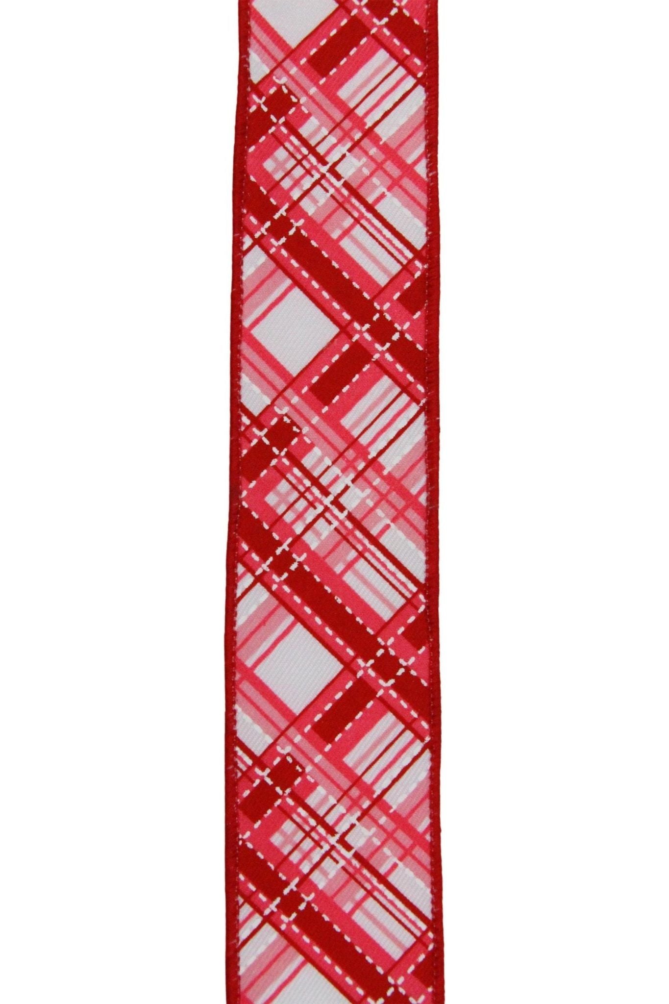 1.5" Diagonal Dash Plaid: Pink/Red (10 Yard) - Michelle's aDOORable Creations - Wired Edge Ribbon