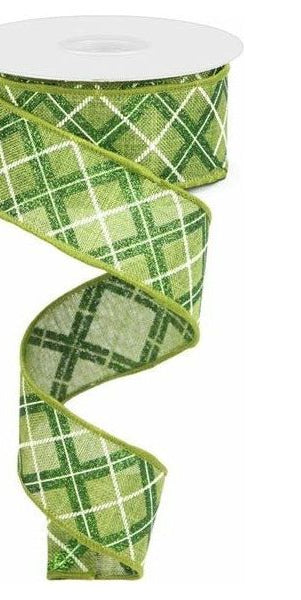 1.5" Diagonal Glitter Check Ribbon: Moss Green (10 Yards) - Michelle's aDOORable Creations - Wired Edge Ribbon