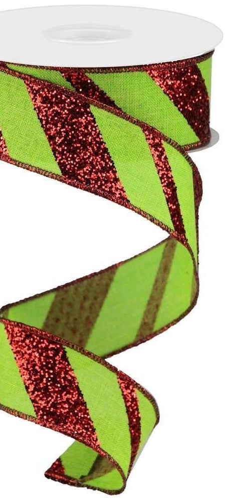 1.5" Diagonal Glitter on Royal Ribbon: Lime Green (10 Yards) - Michelle's aDOORable Creations - Wired Edge Ribbon