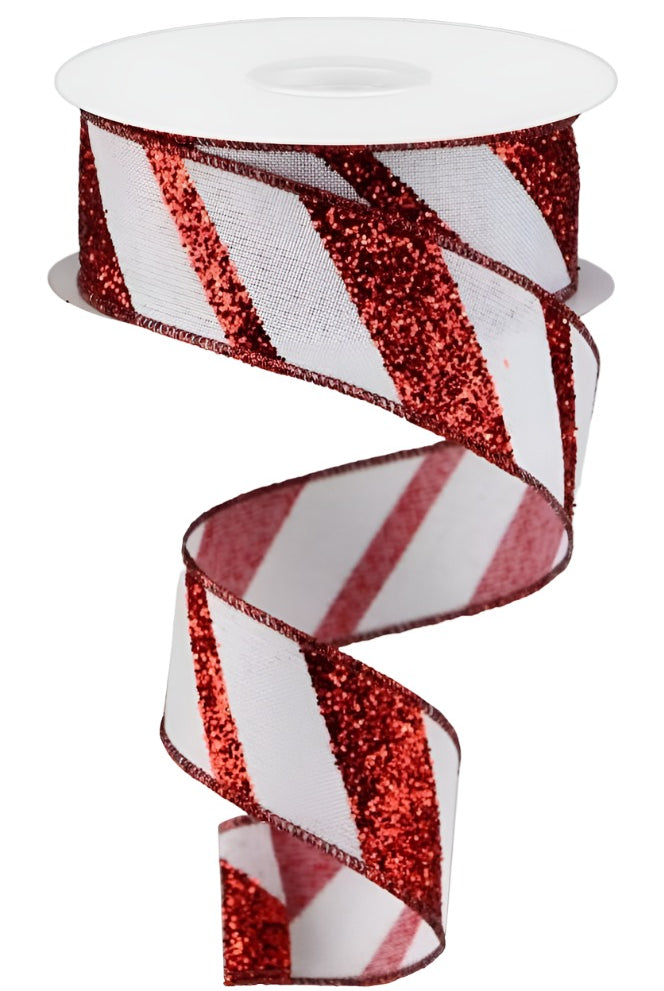 1.5" Diagonal Glitter on Royal Ribbon: Red (10 Yards) - Michelle's aDOORable Creations - Wired Edge Ribbon