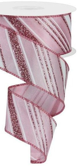1.5" Diagonal Line Glitter Ribbon: Pink (10 Yards) - Michelle's aDOORable Creations - Wired Edge Ribbon
