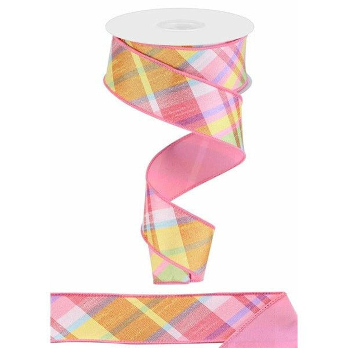 Shop For 1.5" Diagonal Plaid Fused Ribbon: Light Pink/Yellow (10 Yards) at Michelle's aDOORable Creations