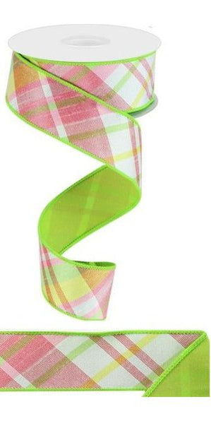 1.5" Diagonal Plaid Fused Ribbon: Spring Green (10 Yards) - Michelle's aDOORable Creations - Wired Edge Ribbon