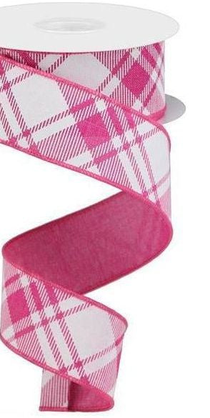 1.5" Diagonal Stripe and Check Ribbon: Fuchsia (10 Yards) - Michelle's aDOORable Creations - Wired Edge Ribbon