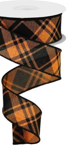 1.5" Diagonal Stripe and Check Ribbon: Orange (10 Yards) - Michelle's aDOORable Creations - Wired Edge Ribbon