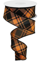 1.5" Diagonal Stripe and Check Ribbon: Orange (10 Yards) - Michelle's aDOORable Creations - Wired Edge Ribbon