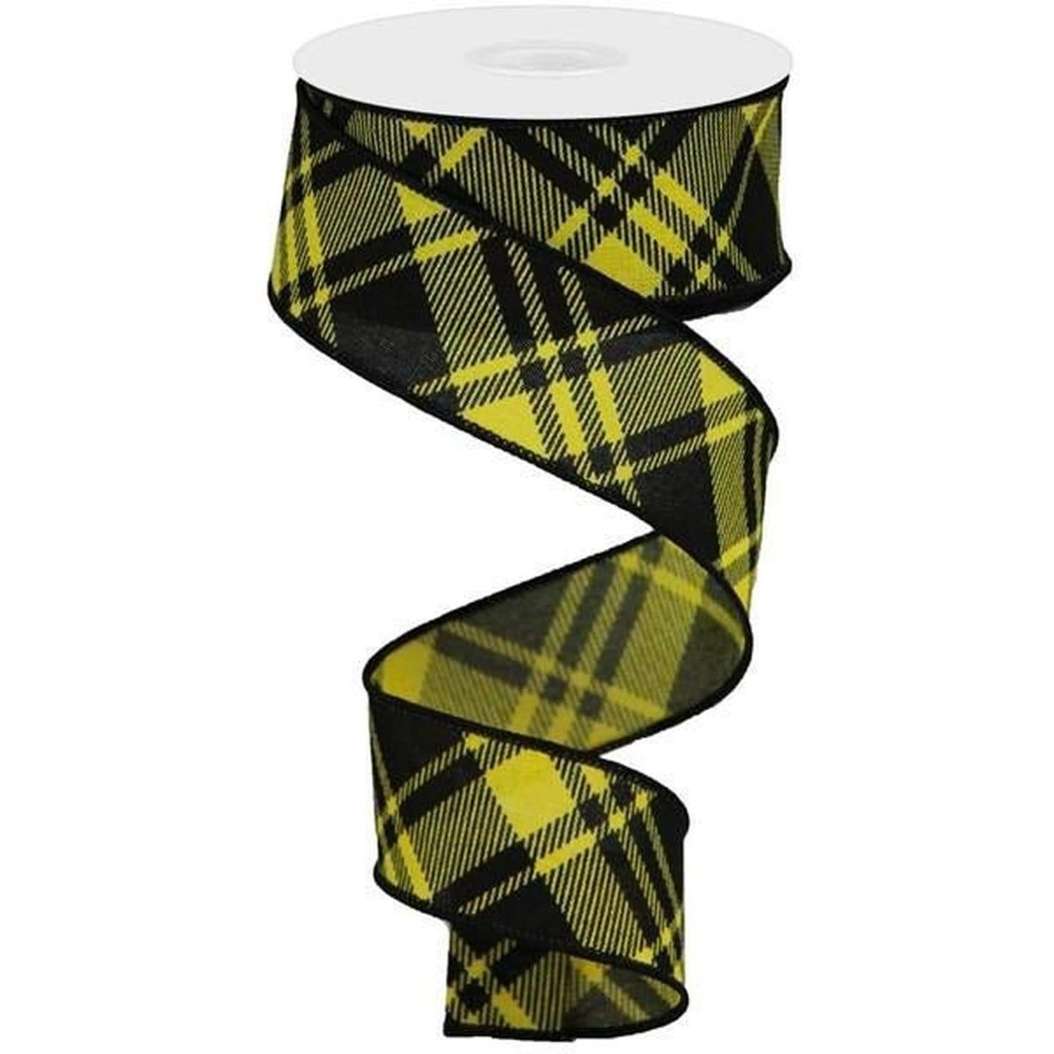 1.5" Diagonal Stripe & Check Ribbon: Yellow (10 Yards)