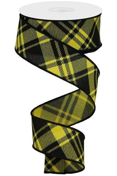 1.5" Diagonal Stripe & Check Ribbon: Yellow (10 Yards) - Michelle's aDOORable Creations - Wired Edge Ribbon