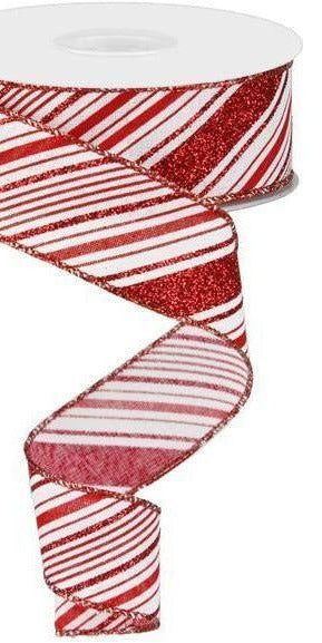 1.5" Diagonal Stripes Ribbon: Red (10 Yards) - Michelle's aDOORable Creations - Wired Edge Ribbon