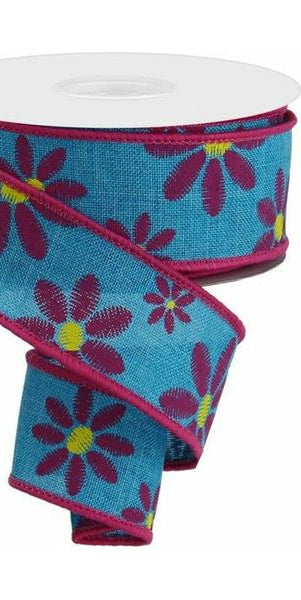 1.5" Embroidered Daisy Ribbon: Light Teal (10 Yards) - Michelle's aDOORable Creations - Wired Edge Ribbon