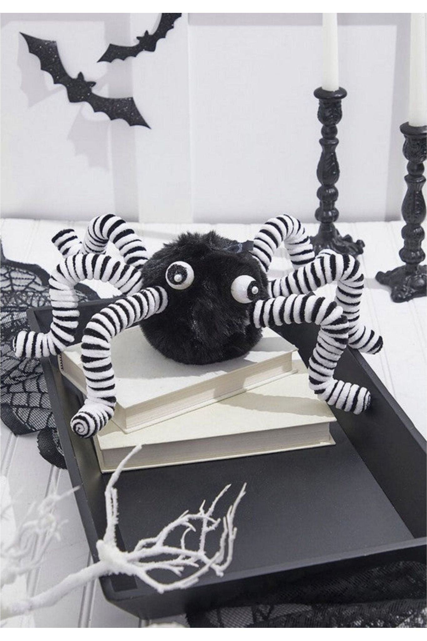 15" Faux Fur Spider Wreath Accent: Black & White - Michelle's aDOORable Creations - Halloween Decor