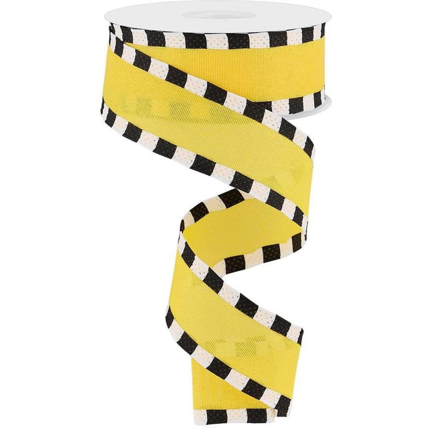 1.5" Faux Royal Burlap/Stripe Edge Ribbon: Yellow (10 Yards)