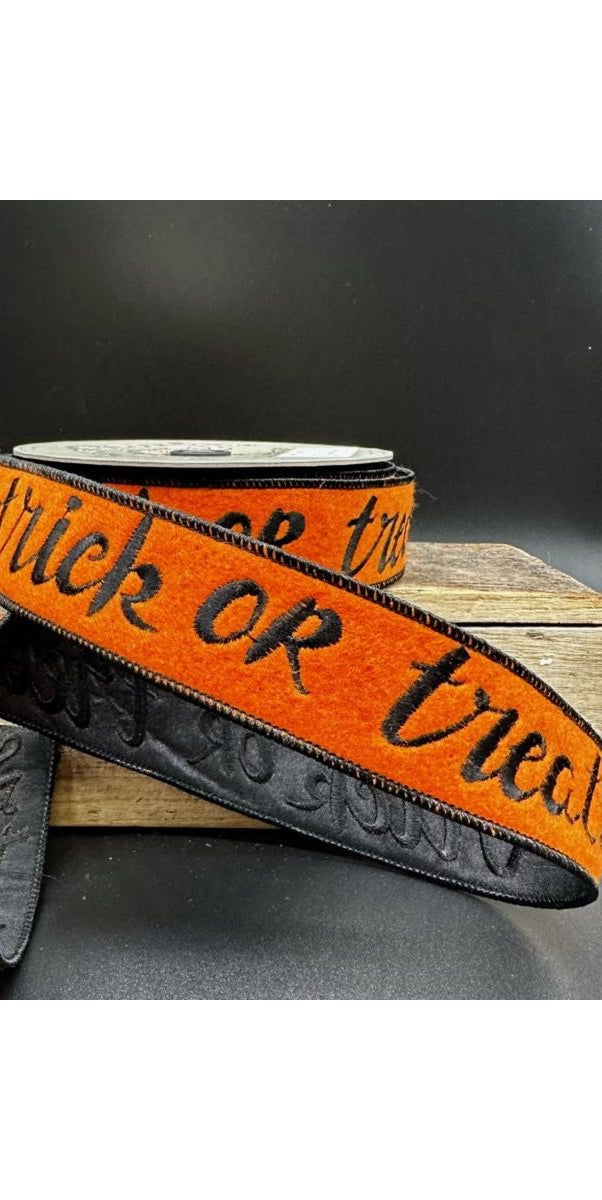 1.5" Felt Trick or Treat Ribbon: Orange (10 Yards) - Michelle's aDOORable Creations - Wired Edge Ribbon