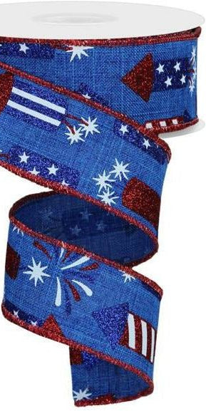 1.5" Firecrackers Ribbon: Royal Blue (10 Yards) - Michelle's aDOORable Creations - Wired Edge Ribbon