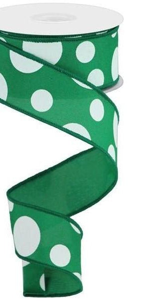 1.5" Giant Three Size Polka Dot Ribbon: Emerald Green & White (10 Yards) - Michelle's aDOORable Creations - Wired Edge Ribbon