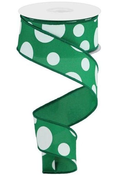 1.5" Giant Three Size Polka Dot Ribbon: Emerald Green & White (10 Yards) - Michelle's aDOORable Creations - Wired Edge Ribbon