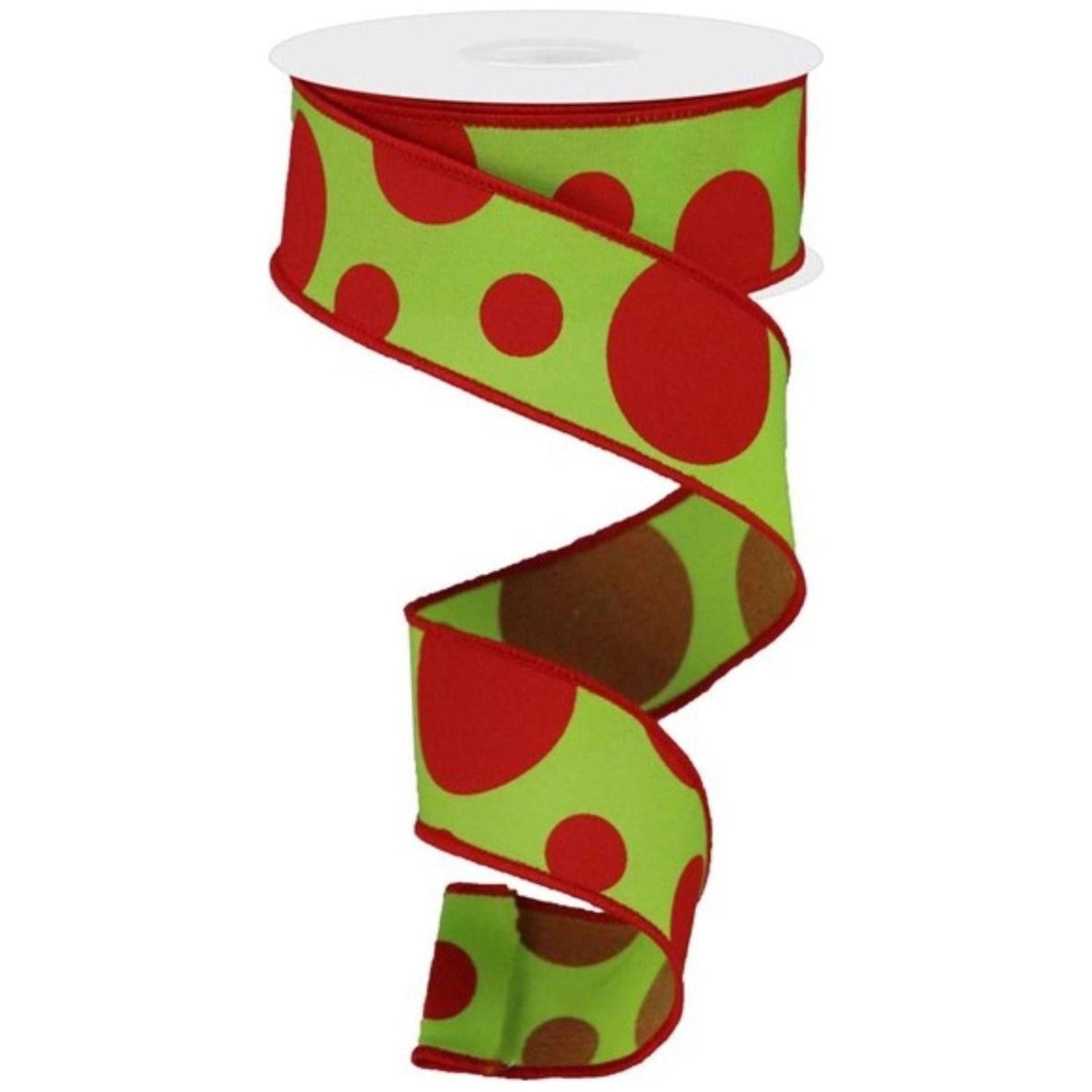 Shop For 1.5" Giant Three Size Polka Dot Ribbon: Lime Green & Red (10 Yards) at Michelle's aDOORable Creations