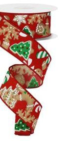 1.5" Gingerbread Cookies Ribbon: Red (10 Yards) - Michelle's aDOORable Creations - Wired Edge Ribbon