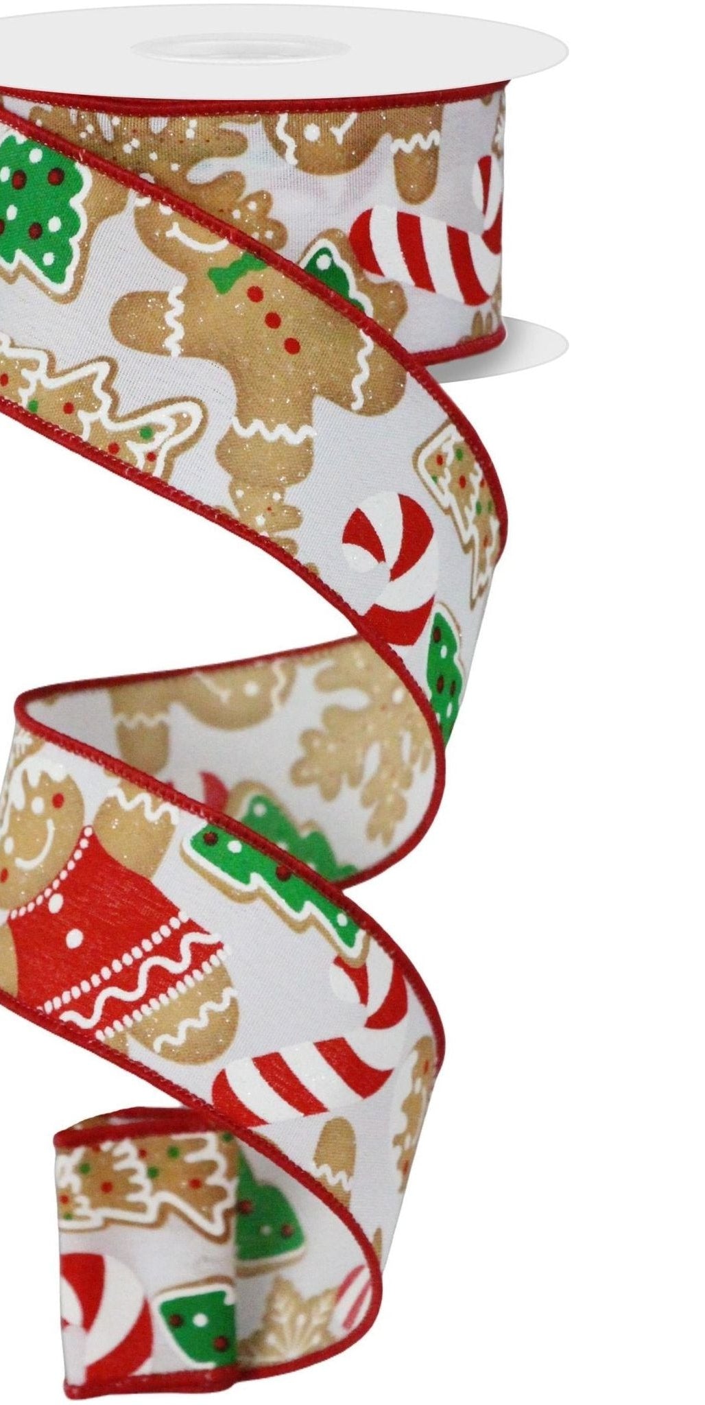 1.5" Gingerbread Cookies Ribbon: White (10 Yards) - Michelle's aDOORable Creations - Wired Edge Ribbon