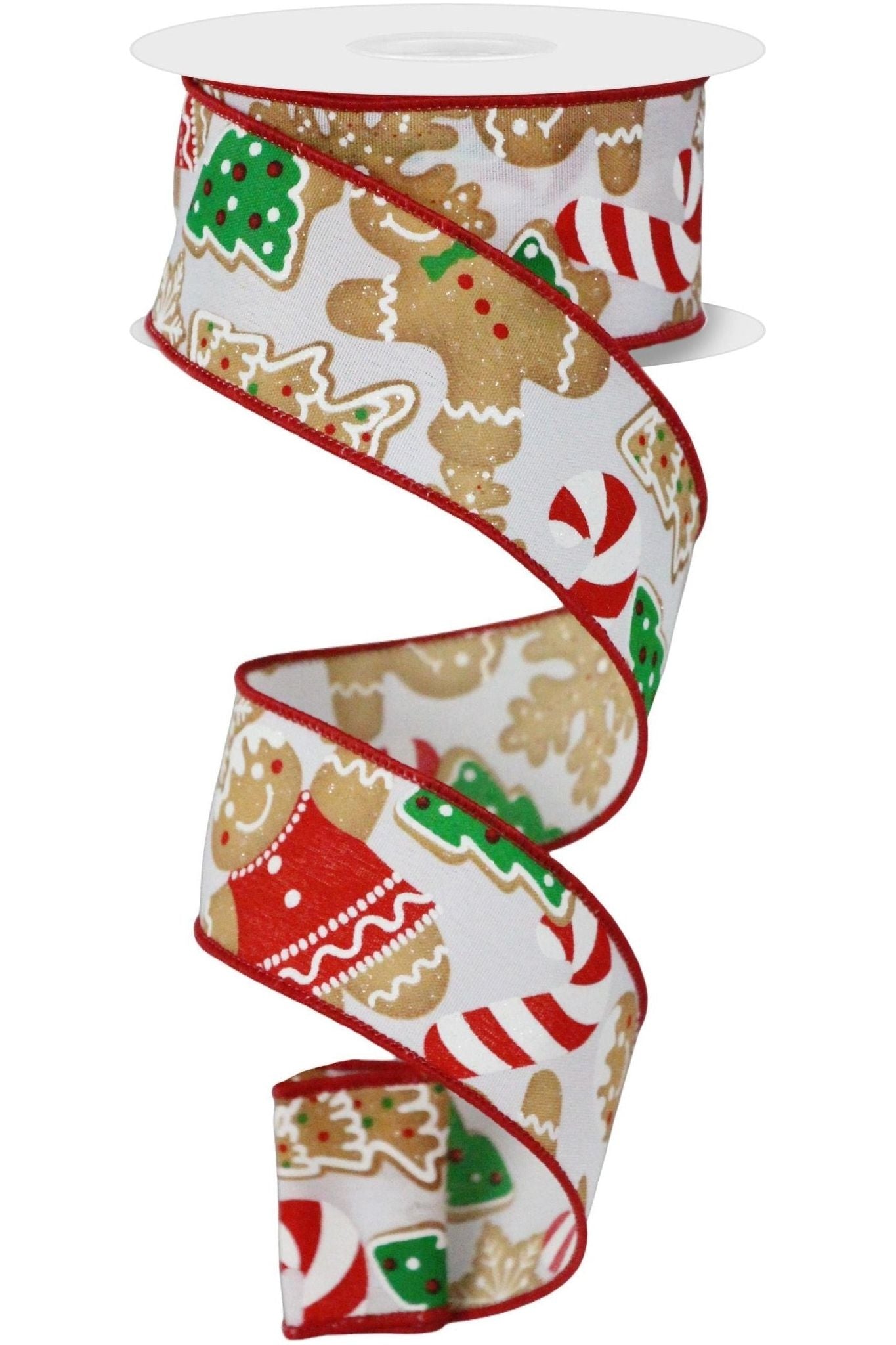1.5" Gingerbread Cookies Ribbon: White (10 Yards) - Michelle's aDOORable Creations - Wired Edge Ribbon