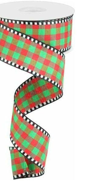 1.5" Gingham Check Ribbon: Red/Emerald Green (10 Yards) - Michelle's aDOORable Creations - Wired Edge Ribbon