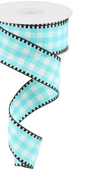 1.5" Gingham Check Ribbon: Turquoise/White (10 Yards) - Michelle's aDOORable Creations - Wired Edge Ribbon