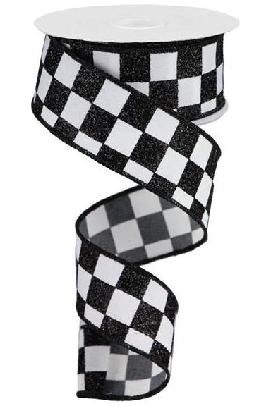 1.5" Glitter Check Ribbon: Black (10 Yards) - Michelle's aDOORable Creations - Wired Edge Ribbon