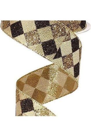 Shop For 1.5" Glitter Diamond Check Ribbon: Black & Gold (10 Yards) at Michelle's aDOORable Creations