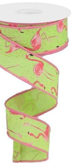 1.5" Glitter Flamingo Ribbon: Lime Green (10 Yards) - Michelle's aDOORable Creations - Wired Edge Ribbon