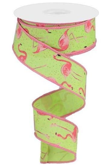 Shop For 1.5" Glitter Flamingo Ribbon: Lime Green (10 Yards) at Michelle's aDOORable Creations