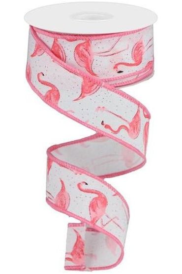 1.5" Glitter Flamingo Ribbon: White (10 Yards) - Michelle's aDOORable Creations - Wired Edge Ribbon
