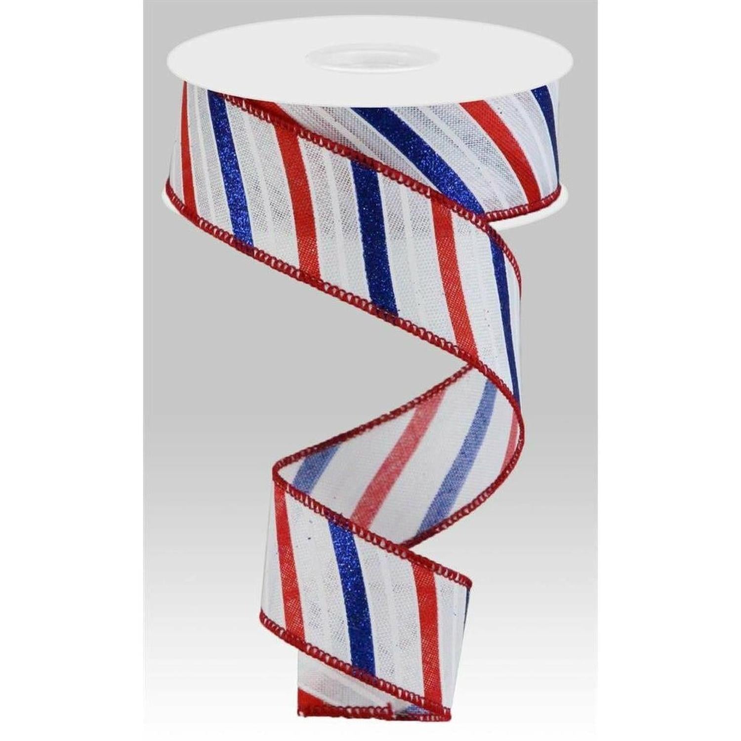 1.5" Glitter Multi Diagonal Stripe Ribbon: White (10 Yards)