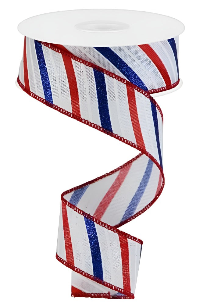 1.5" Glitter Multi Diagonal Stripe Ribbon: White (10 Yards) - Michelle's aDOORable Creations - Wired Edge Ribbon