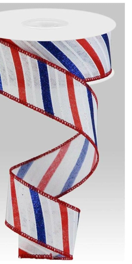 1.5" Glitter Multi Diagonal Stripe Ribbon: White (10 Yards) - Michelle's aDOORable Creations - Wired Edge Ribbon