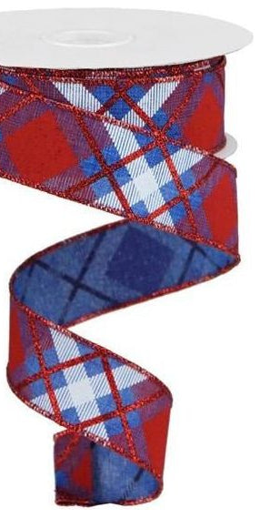 1.5" Glitter Plaid Royal Ribbon: Royal Blue, Red & White (10 Yards) - Michelle's aDOORable Creations - Wired Edge Ribbon