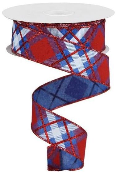1.5" Glitter Plaid Royal Ribbon: Royal Blue, Red & White (10 Yards) - Michelle's aDOORable Creations - Wired Edge Ribbon