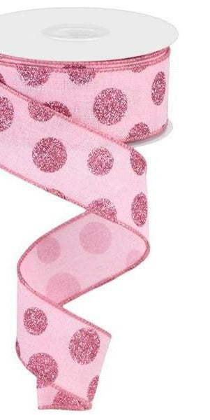 1.5" Glitter Polka Dot Ribbon: Light Pink (10 Yards) - Michelle's aDOORable Creations - Wired Edge Ribbon