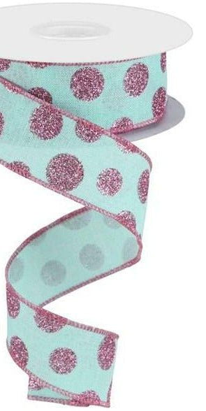 1.5" Glitter Polka Dot Ribbon: Mint Green (10 Yards) - Michelle's aDOORable Creations - Wired Edge Ribbon