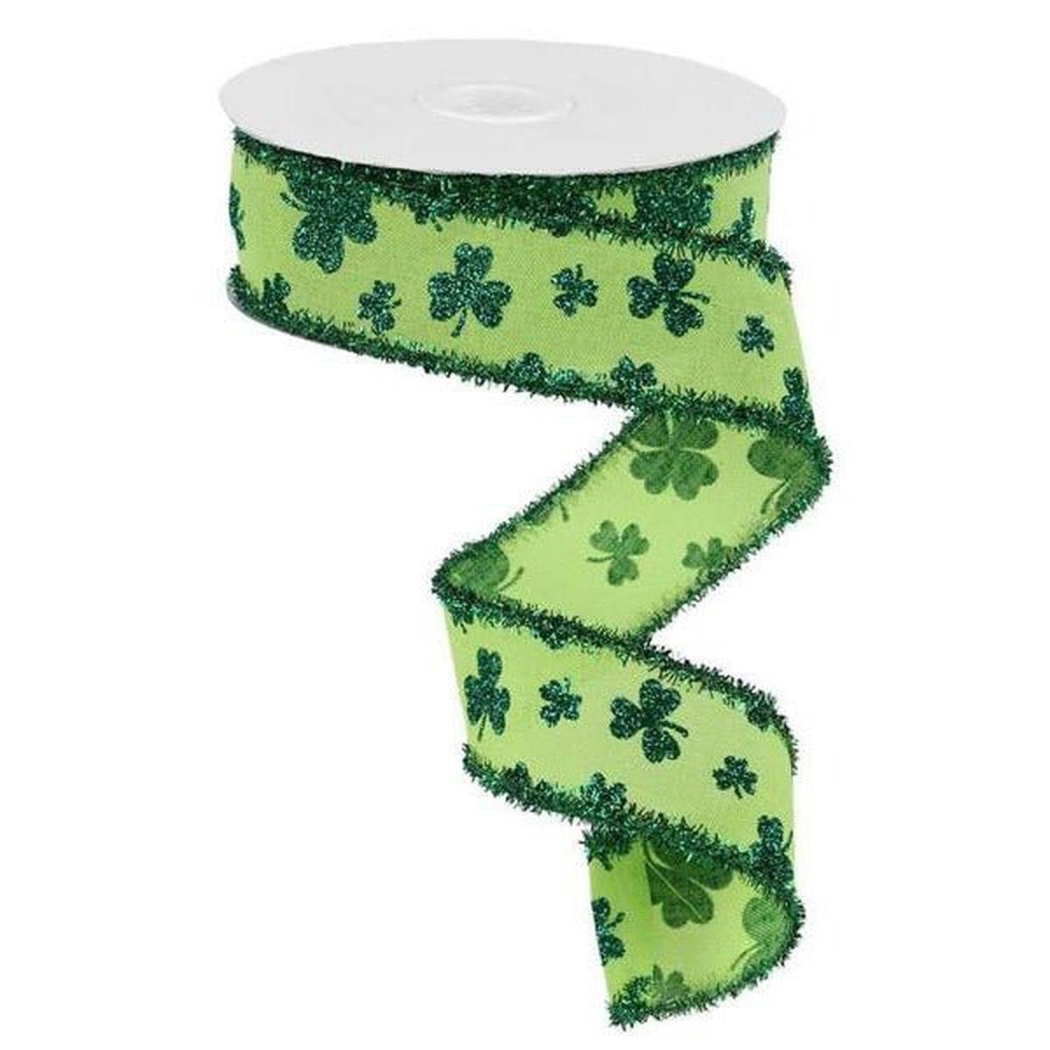1.5" Glitter Shamrock Tinsel Ribbon: Bright Green (10 Yards)