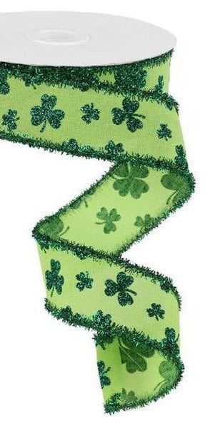 1.5" Glitter Shamrock Tinsel Ribbon: Bright Green (10 Yards) - Michelle's aDOORable Creations - Wired Edge Ribbon