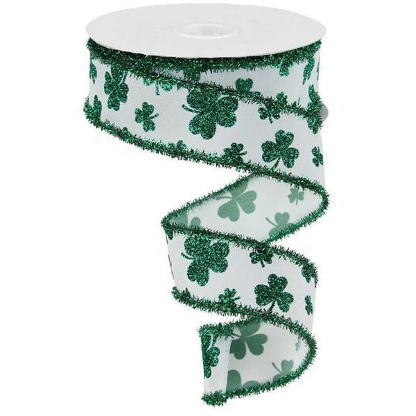 1.5" Glitter Shamrock Tinsel Ribbon: White (10 Yards) - Michelle's aDOORable Creations - Wired Edge Ribbon