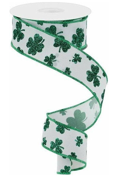 1.5" Glitter Shamrocks Ribbon: White (10 Yards) - Michelle's aDOORable Creations - Wired Edge Ribbon