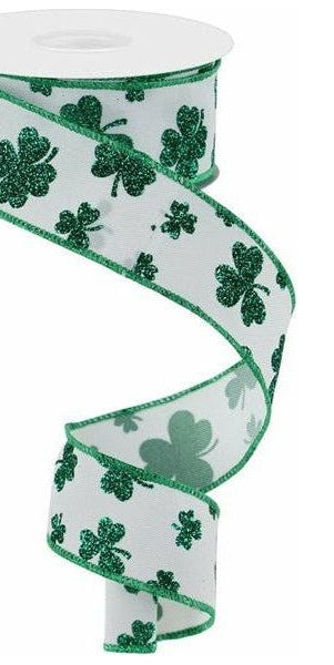 1.5" Glitter Shamrocks Ribbon: White (10 Yards) - Michelle's aDOORable Creations - Wired Edge Ribbon