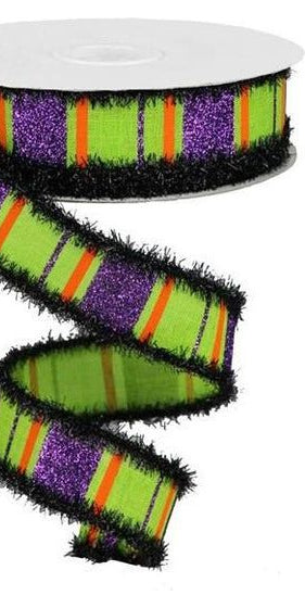 1.5" Glitter Stripes Drift Edge Ribbon: Lime Green, Purple & Orange (10 Yards) - Michelle's aDOORable Creations - Wired Edge Ribbon