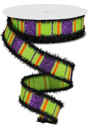 1.5" Glitter Stripes Drift Edge Ribbon: Lime Green, Purple & Orange (10 Yards) - Michelle's aDOORable Creations - Wired Edge Ribbon