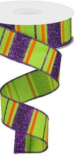1.5" Glitter Stripes on Royal Ribbon: Lime Green, Purple & Orange (10 Yards) - Michelle's aDOORable Creations - Wired Edge Ribbon