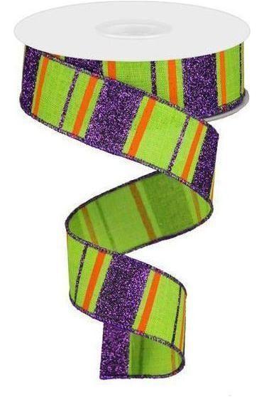 Shop For 1.5" Glitter Stripes on Royal Ribbon: Lime Green, Purple & Orange (10 Yards) at Michelle's aDOORable Creations