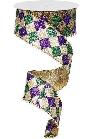1.5" Harlequin Glitter Diamond Ribbon: Mardi Gras (10 Yards) - Michelle's aDOORable Creations - Wired Edge Ribbon